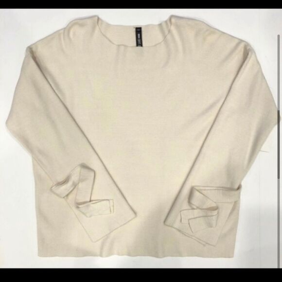 CREW NECK SOFT OPEN TIE SLEEVE CREAM SWEATER L - Picture 3 of 6